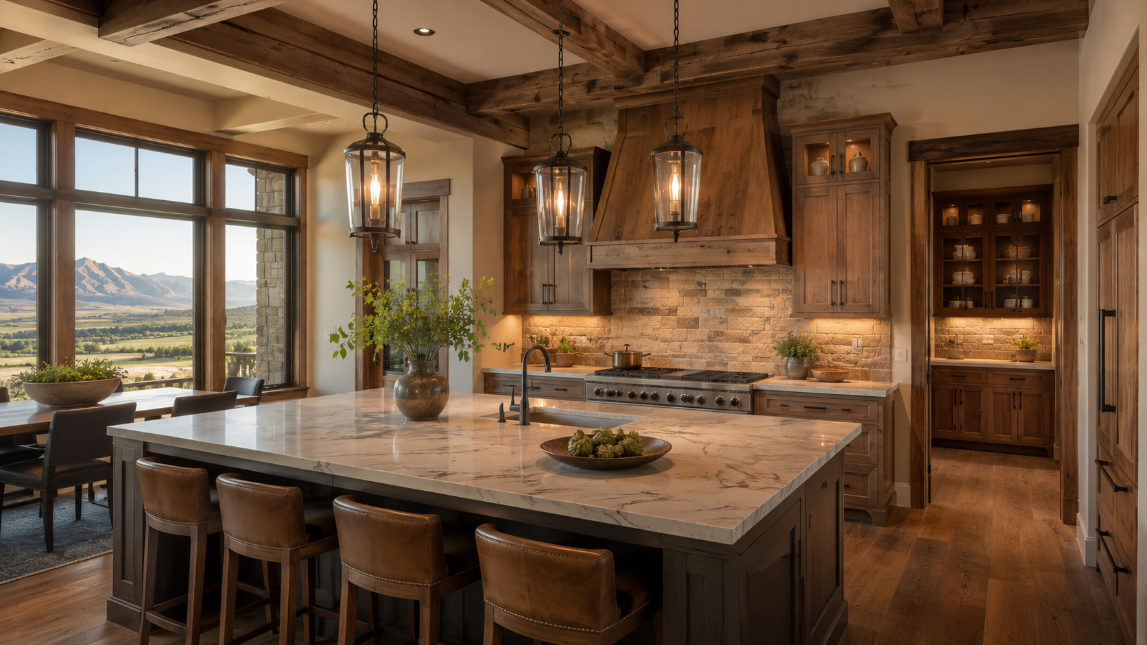 Warm rustic modern kitchen with wood cabinetry and stone counters