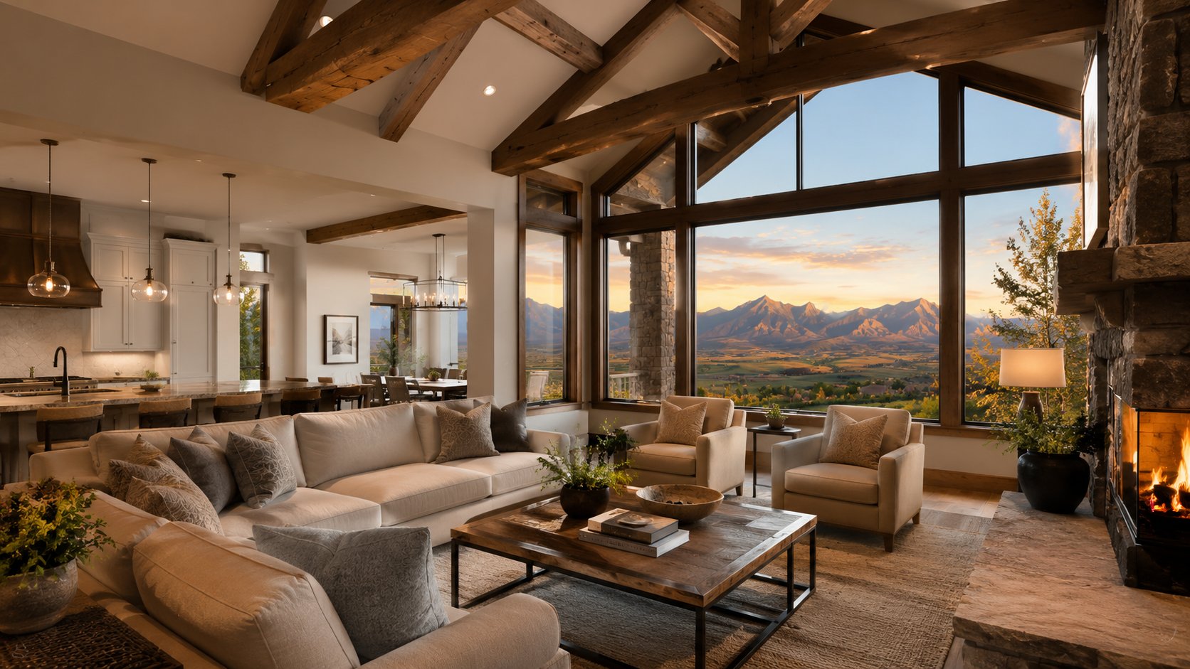 Open living room with large windows and mountain views