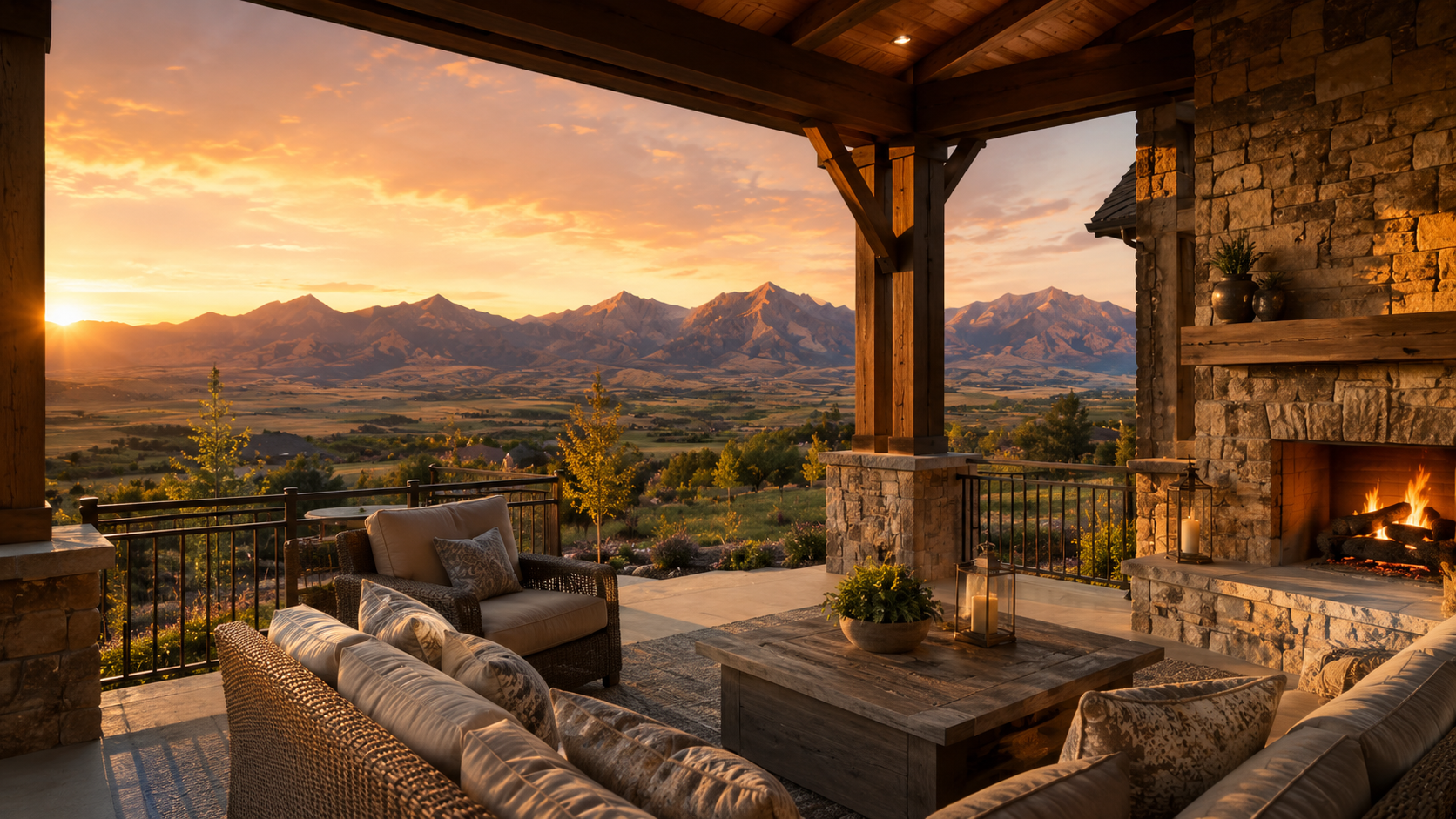 Covered patio and outdoor living space with mountain views